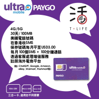 Ultra Mobile 4G/5G【美國正規手機號碼】30天自行激活/充值上網卡/數據卡/電話卡 - Ultra Paygo -100MB