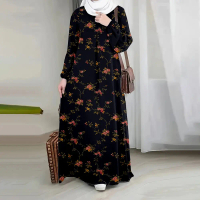 Jubah Ramadan Muslim, Koleksi Terkini 2025, Leher Bulat, Corak Bercetak Bunga, Lengan Panjang, Gaya 