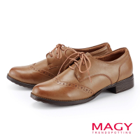 MAGY 英倫風真皮綁帶低跟牛津鞋 棕色