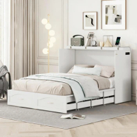 White Full Size Murphy Bed Wall Bed with drawer and a set of Sockets &amp; USB Ports, Pulley Structure Design, for bedroom furniture