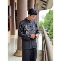 Set linen nam đi chùa thêu rồng, pháp phục trung niên