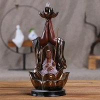 Ceramic Incense Stove Lotus Golden Buddha Statue Backflow Incense Stove, Buddha Hand Smoke Viewing Backflow Incense Stand
