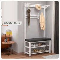 落地衣架鞋櫃鞋凳一體組合【60CM衣帽架+鞋凳【白架-黑皮】（尺寸：60*33*172CM） 