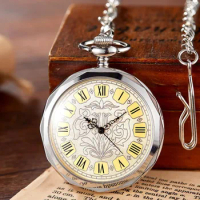 Diamond Pocket Watch Mechanical Fob Watch Hollow Fob Chain Roman Dial Skeleton Clock FOB Waist Chain Watches Mens Vintage Gifts