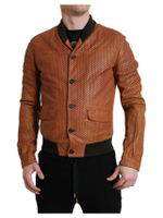 Mens Perforated Bomber Leather Jacket in Brown