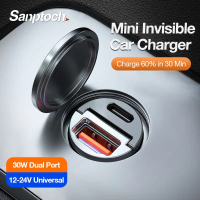 Bộ Chuyển Đổi sạc ô tô mini vô hình, Sanptoch, Sạc nhanh 60W, USB type C PD30W + QC3.0, Cổng kép, Sạ