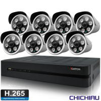 【CHICHIAU】H.265 8路5MP台製iCATCH數位高清遠端監控錄影主機(含四合一1080P SONY 200萬畫素6陣列燈監視器攝影機x8)