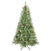 6FT Artificial Green PVC Christmas Tree with Pinecones and Red Berries, Hinged Christmas tree, Metal Stand, Easy to set up