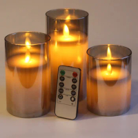 Flameless Candles (D 3" x H 4" 5" 6") Glass Real Wax Pillars &amp; Moving Flame Wick LED Candles and 10-Key Remote Control