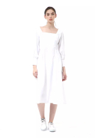 Hamlin Rachel Midi Dress Wanita Leher Kotak Lengan Panjang Motif Polos Material Cotton ORIGINAL - White