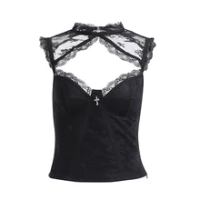 Sexy Harajuku Exotic Fairy Grunge Emo Robot Camis Street Zipper Silver Cross Black Tank Top Lace Backless Gothic Top