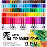 Art 100 Colors Dual Tip Brush Art Marker Pens, Fineliner and Brush Dual Tip Markers Set Perfect for Kids Adult Artist Writing