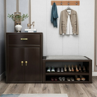 新中式實木鞋櫃 兩門玄關櫃 風格客廳家具帶抽屜大容量換鞋凳子