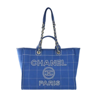 【CHANEL 香奈兒】經典Deauville格紋帆布大號托特包(藍色)