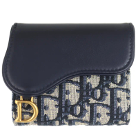 【Dior 迪奧】SADDLE 緹花帆布真皮押扣三折短夾(藍色/4卡)