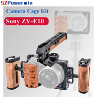 Powerwin For Sony ZV-E10 Camera Cage with wooden Handle Kit Aluminum Alloy Arri Locating Screw Protective Rig Frame Gimbal