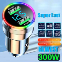USB Car Charger 300W Dual Port Super Fast Charging Adapter with Voltage Monitor LED Light for Samsung Oneplus Huawei OPPO iPhone