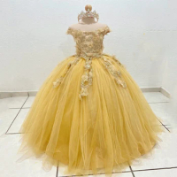 Yellow Vestido De 15 Años Princess 3DFlower Girls Dress Applique Lace Tull Off Shoulder Mexican Child Dress Bead First Communion