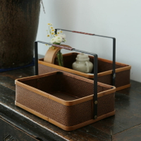 藤面提盒竹籃子 可拎食盒手工竹制品中式復古 家用果籃水果筐