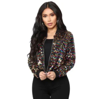 Color Matching Flash Sequined Short Coat Women's Spring Autumn Jacket 2024 New Design Zipper Slim Casual Outerwear Tops Female