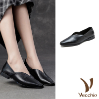 【Vecchio】真皮跟鞋 尖頭跟鞋/真皮羊皮復古尖頭V口低跟鞋(黑)