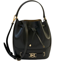 【Michael Kors】REED黑色皮革小圓標MK logo手提斜肩背兩用水桶包