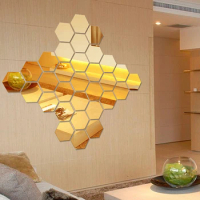 12Pcs Hexagon Mirror Sticker Gold Self Adhesive Mosaic Tiles Wall Sticker Decals DIY Bedroom Living Room Bathroom Home Decor