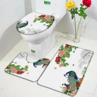 Peacock Carpet Chinese Flowers And Birds Feather Rugs Vintage Flannel Non-slip Flannel Foot Mat Toilet Cover Bathroom Decor Set