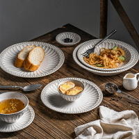 北歐風法式復古浮雕陶瓷米飯碗餐盤歐式餐具套裝西餐盤湯盤菜盤子