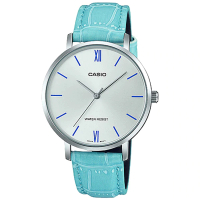 【CASIO 卡西歐】簡約指針女錶 皮革錶帶 銀白錶面 藍色錶帶 日常生活防水(LTP-VT01L-7B3)