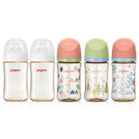 【Pigeon 貝親】第三代母乳實感PPSU奶瓶純淨白240mlx2+彩繪奶瓶240mlx3-隨機(PPSU奶瓶 寬口 吸附線)
