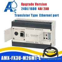 Upgrade Version AMX-FX3U-26MT-E Ethernet PLC Replace for Mitsubishi MELSEC Transistor Output 4AI/2AO 16DI/10DO PNP MODBUS +Cable