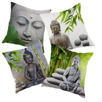 45x45cm Polyester Indian Buddha Statue Stone Carving Sakyamuni Linen Pillowcase Sofa Cushion Cover Home Decor