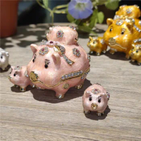 Pewter Pig Trinket Jewelry Box Creative Cute Gifts Metal Craft Collectibles Animal Mother with Three Baby Keepsake Case