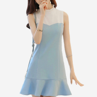 荷葉立領拼接式無袖魚尾裙洋裝 (水藍)  (M7SS) 11750028