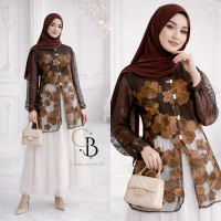 Haira Outer Tunik Brocade Bunga Set Wanita | Outer Tunik dan Rok Tutu | Atasan Wanita | Lengan Panja
