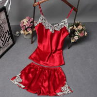Women Clothes for Summer Shorts Sets Embroidery V-Neck Sleepwear Satin Pajama High Quality Sexy Spaghetti Strap Lace Pajama Set