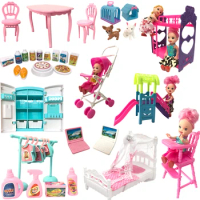 NK Mixed Doll Furniture Fashion Computer Chair Mini Slide Fridge Bags Pets For Barbie Accessories Doll For Kelly Doll DIY Toy JJ