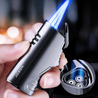 Jobon Metal Triple Torch Jet Lighter With Cigar Cutter Windproof Blue Flame Gadgets For Men Gift Without Gas
