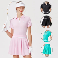 2024 Blktee Women's Short Sleeve Polo Shirt Anti-Exposure Golf Skirt Set Summer Pleated Skort Sportswear Ladies V-Neck Golf Tops