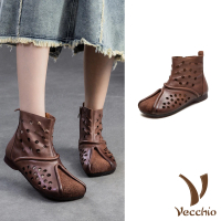 【Vecchio】真皮短靴 低跟短靴/全真皮頭層牛皮寬楦方頭幾何縷空低跟短靴(咖)