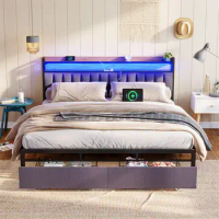 King Size LED Bed Frame Upholstered Platform Bed w/ Storage Headboard 2 Drawers