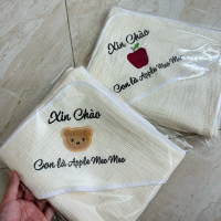 (THÊU TÊN) Ủ Choàng Xô Hàn Cho Bé Sơ Sinh Thêu Tên Theo Yêu Cầu Chăn Choàng Ủ Xô Muslin Có Mũ