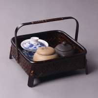 日式大漆茶具收納籃復古漆器竹編收納盒茶盤茶道零配