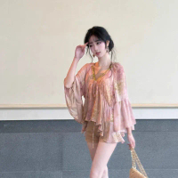 New Blouse Wanita Korean Style Kerut Kecil V-Neck Sifon Lengan Panjang Atasan Longgar