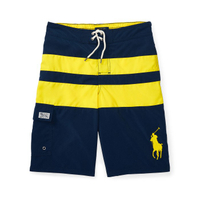 美國百分百【Ralph Lauren】衝浪褲 RL 口袋 大馬 泳褲 海灘褲 短褲 條紋 S號 深藍/亮黃美國青年版 H870