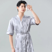 Nightgown Large Size Artificial Silk Men's Summer Ice Silk Thin Bathrobe Spring and Autumn Homewear 