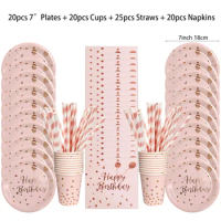 Rose Gold Party Disposable Tableware Set Pink Paper Plates Cups Straws for Birthday Party Adult Wedding Decorations Baby Shower