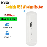 KuWfi 3G 150Mbps Portable USB Wireless Router Mobile Hotspot Sim Card Wireless WiFi Portable WIFI Dongle For Car Office Home