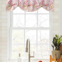 Valentine'S Day Gnome Floral Plaid Window Curtain Living Room Kitchen Cabinet Tie-up Valance Curtain Rod Pocket Valance